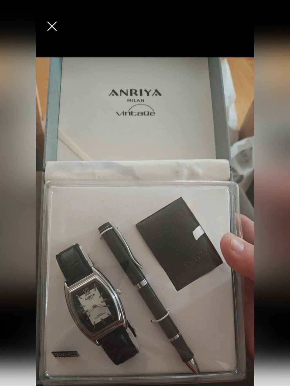 1990s Anriya Milan Men's Gift Set-Rectangular Watch, Pen, Cardholder NOS